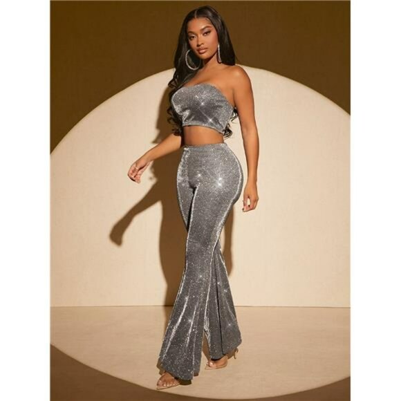 SXY Glitter Crop Tube Top & Flare Leg Pants - Picture 1 of 5
